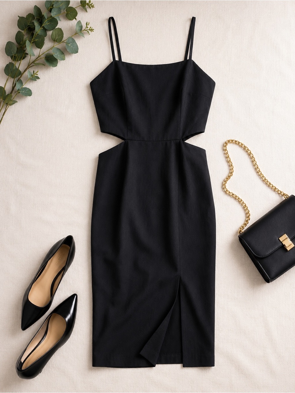 French Connection Black Cutout Spaghetti-Strap Midi Dress